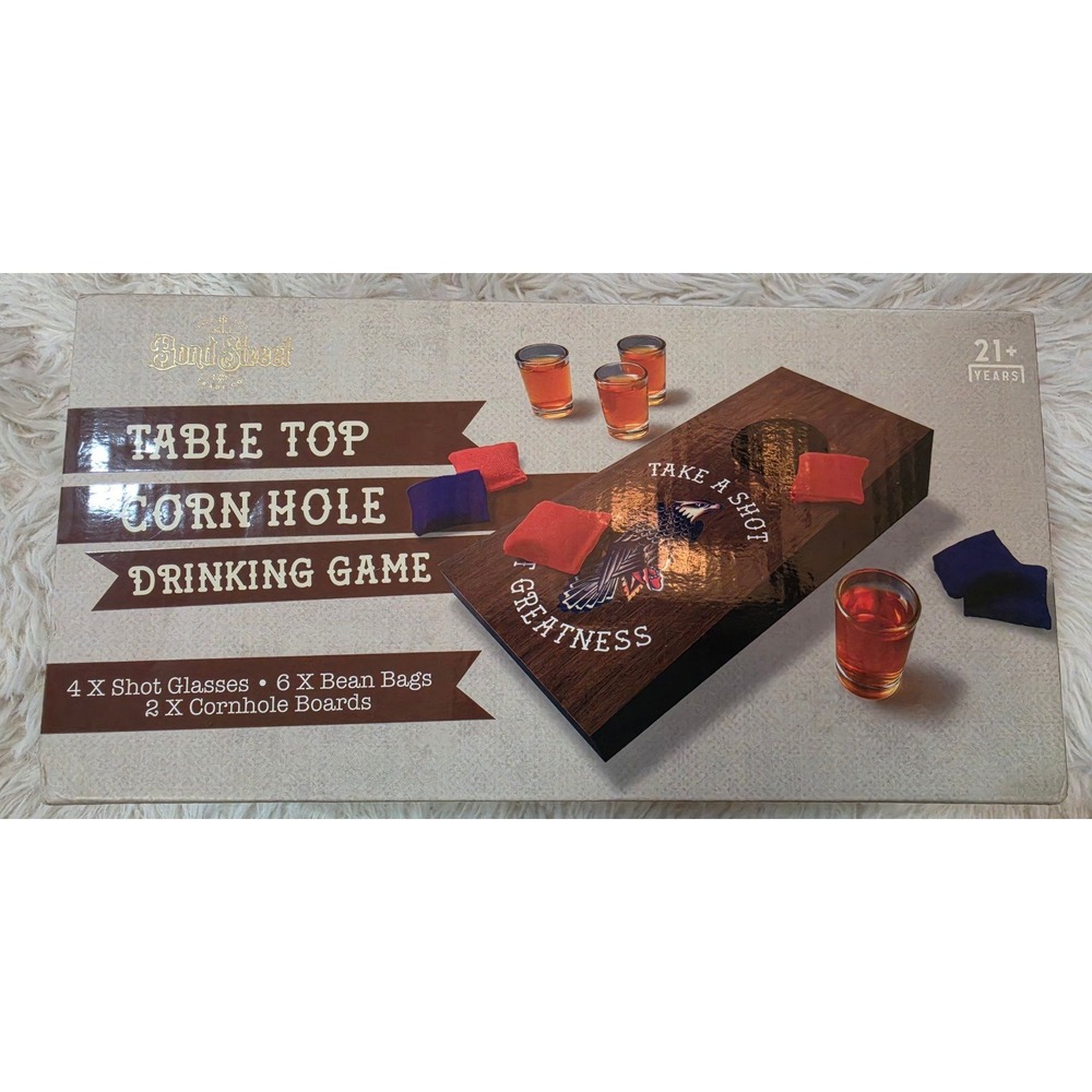 Bond Street Tabletop Corn Hole Drinking Game Set 4 Shot Glasses 6 Bean Bags NEW